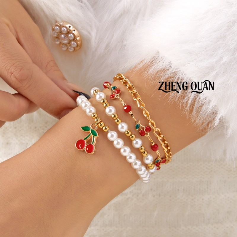Bonito Doce Cereja Pérola Conjunto De Pulseira De 4 Peças Com Corrente De Ouro Folhas Verdes Jóias Delicadas Para Mulher