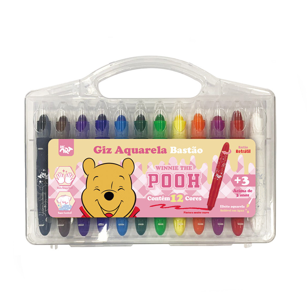 Giz de Cera Aquarela Jumbo Retrátil 12 Cores Ursinho Pooh Disney Giz Grosso Que Não Quebra, Corpo de Plástico