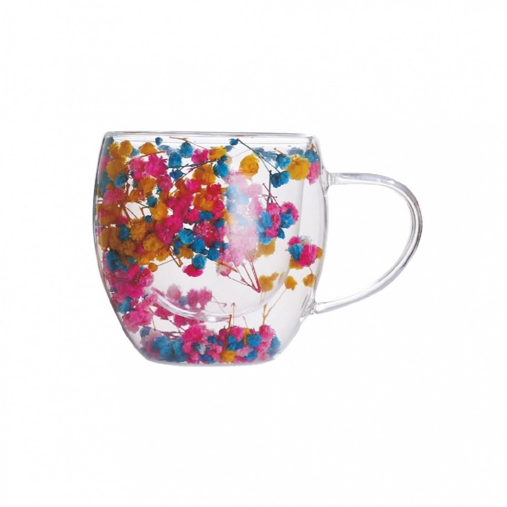 Caneca Parede Dupla Vidro 250ml Camélia Verão Allmix Xícara Flores Coloridas