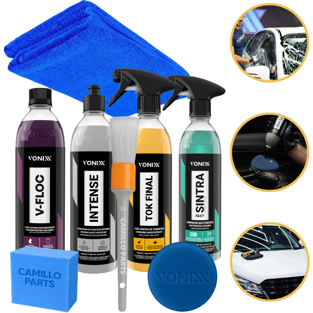 Kit Lavagem Proteção Automotiva Vonixx V-Floc + Sintra Fast + Intense + Cera Tok Final Com Acessórios