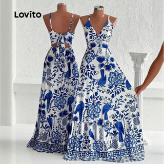 Lovito Vestido de Festa Boho Estilo Resort Primavera/Verão Azul Branco LK2LD367 em Oferta na Shopee