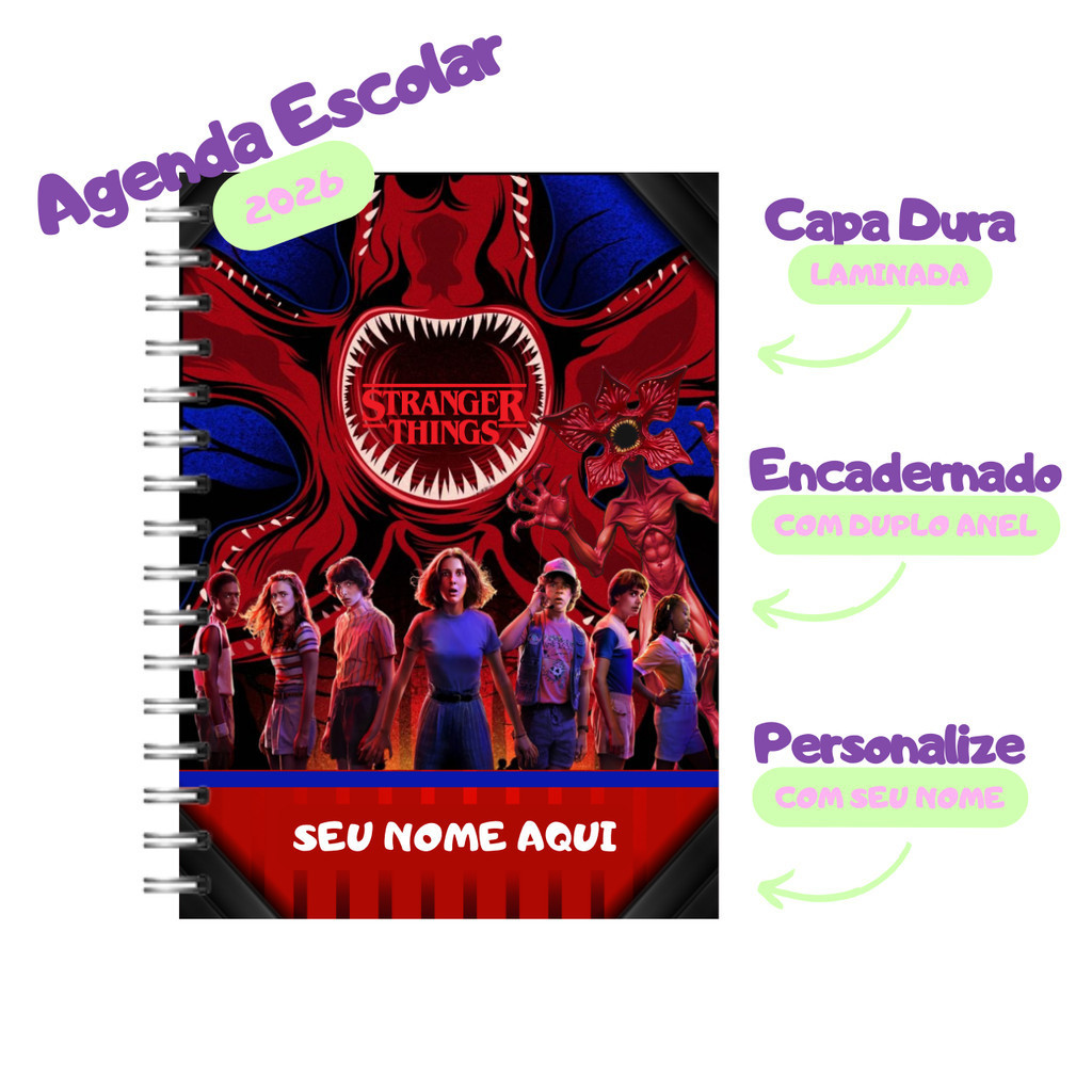 Agenda Escolar 2026 Personalizada com Nome • Stranger Things • A5 • 1 Dia por Página • Miolo Colorido • 326 Páginas