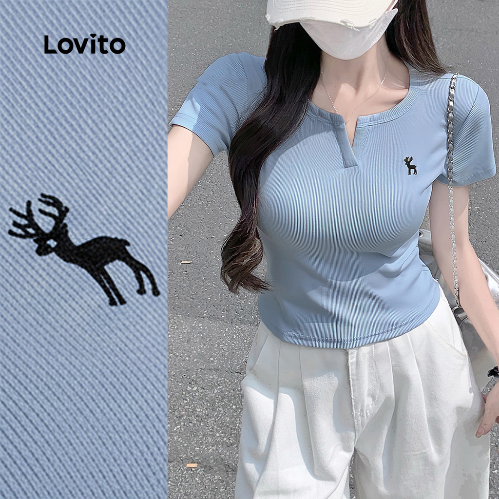 Lovito Casual Camiseta com Bordado Plissado Azul Primavera/verão para Mulheres L