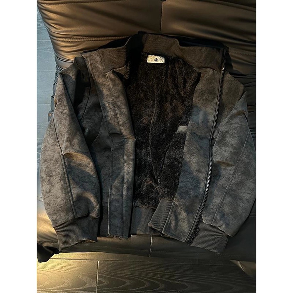 Estilo americano Tie-Dye preto couro do plutônio acolchoado jaqueta masculina inverno forro de lã engrossado cordeiro ve