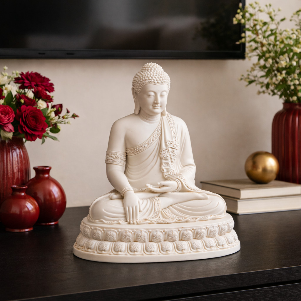 Imagem Estátua Buda Meditação Branca Decorativa | Escultura Paz Zen Harmonia | Enfeite Moderno Aprox. 15cm
