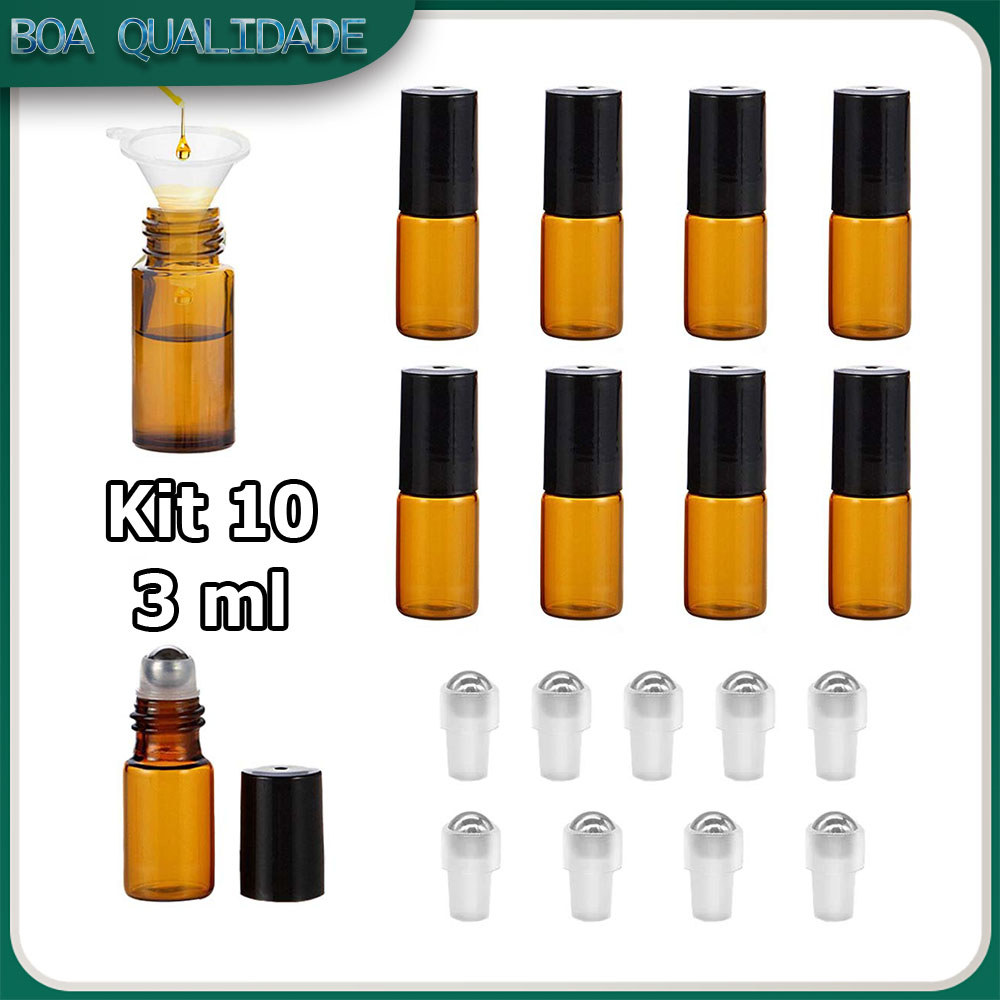 Kit 10 3ml Frascos roll-on de vidro âmbar tampas de plástico preto frascos para amostras óleos essenciais e aromaterapia