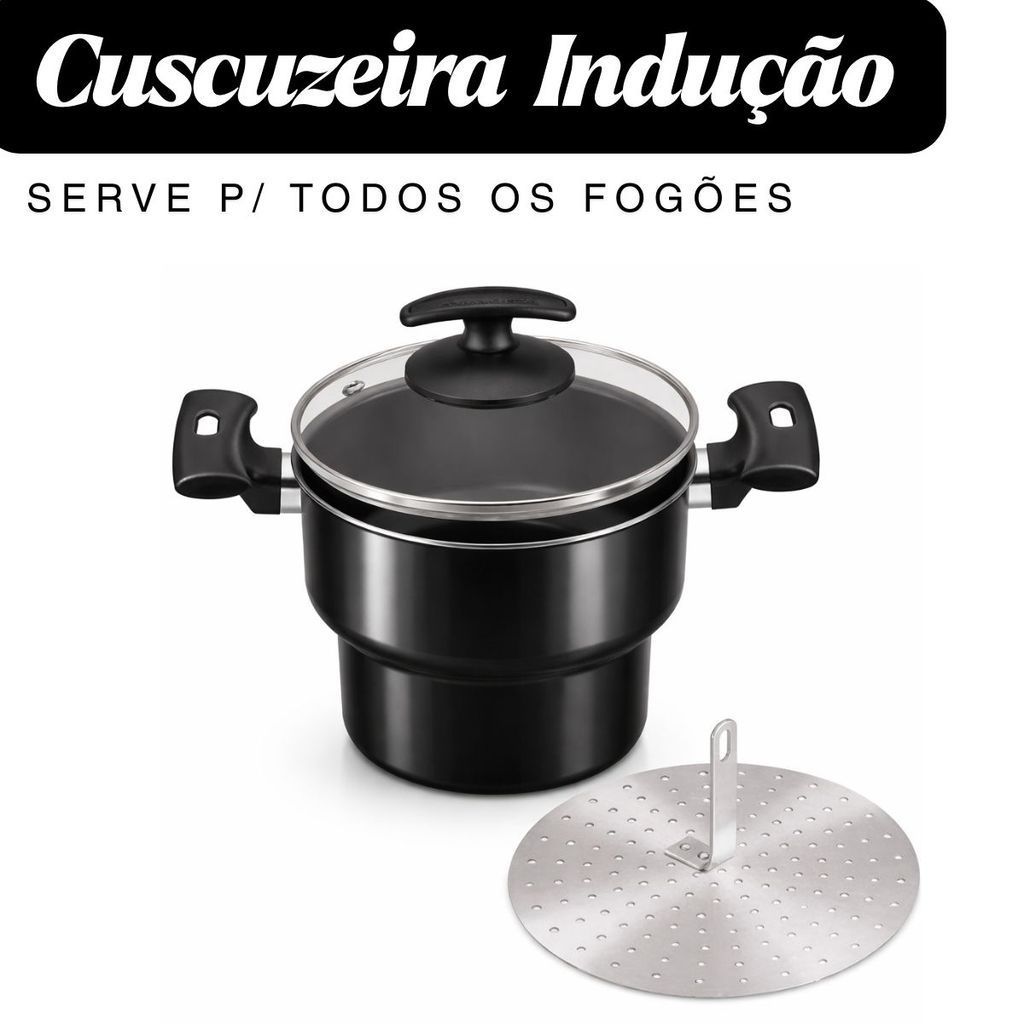 Cuscuzeira de Indução com tampa de vidro Todos os Fogões Fogão Preta Cuscuz Grande Nº16