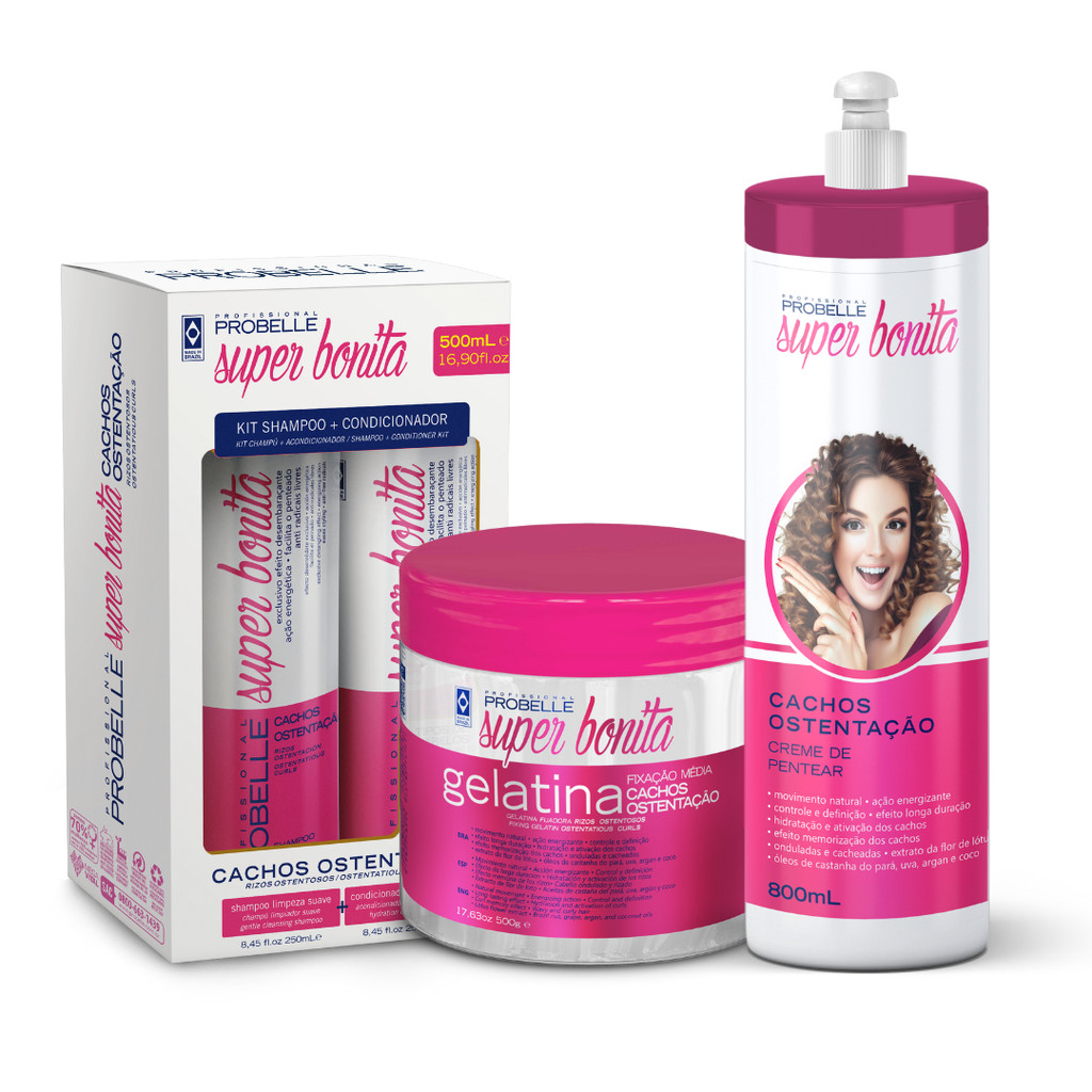 KIT CACHOS OSTENTAÇÃO ( GELATINA 500G. + PENTEAR + SHAMP + COND.) Probelle