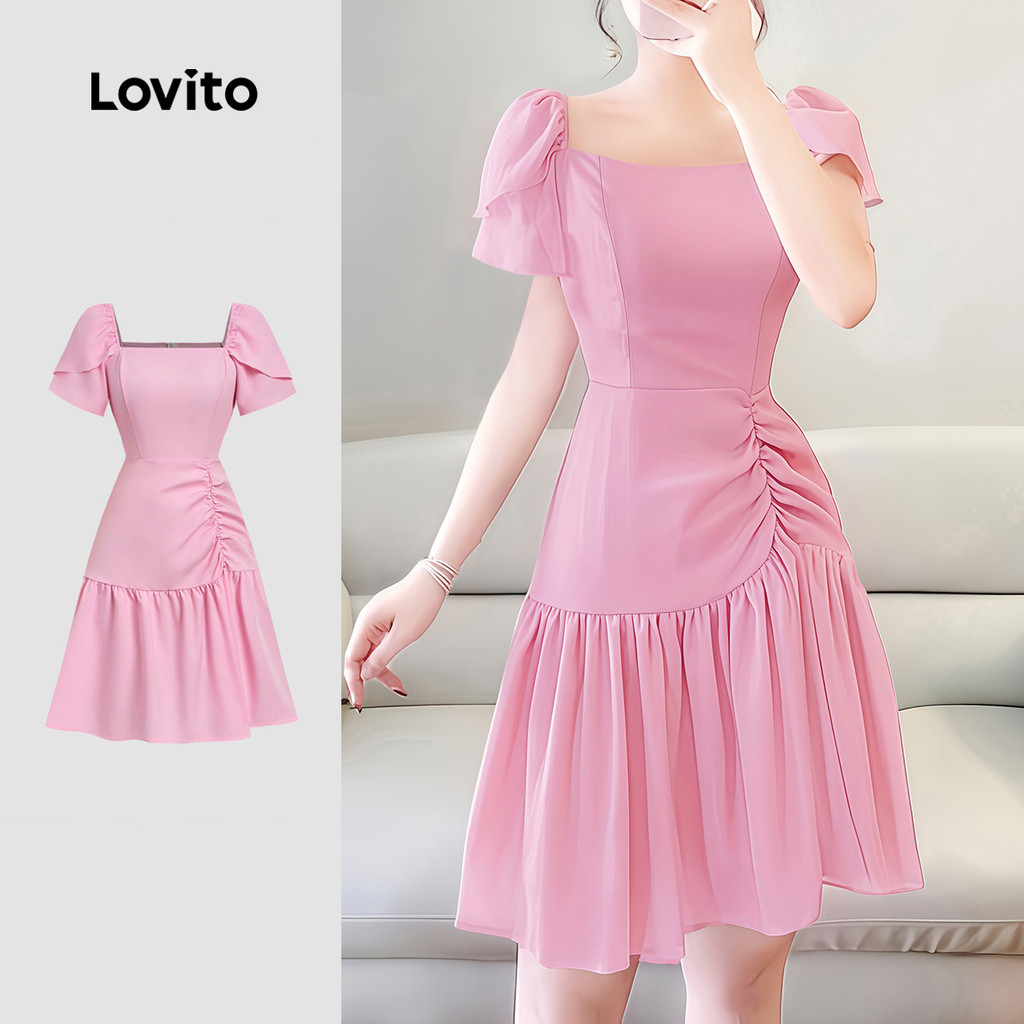 Lovito Vestido Casual com Cordão Franzido Assimétrico Primavera/verão Rosa para Mulheres L178ED247