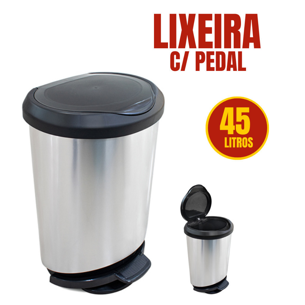 Lixeira Cesto Cozinha Label Tampa Peda Imita cor de Inox 45 Litros