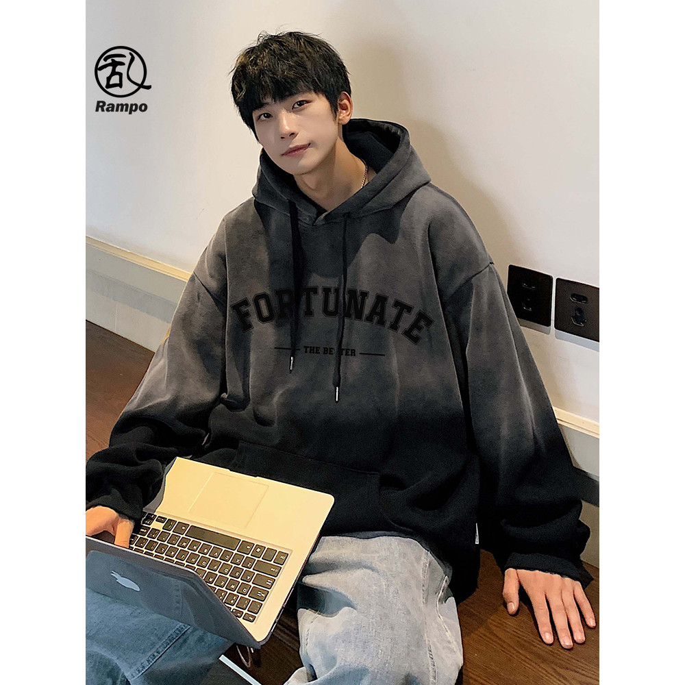 Pesado Tie-Dye gradiente moletom masculino outono inverno estilo forro de lã americano Retro com capuz oversize jaqueta 