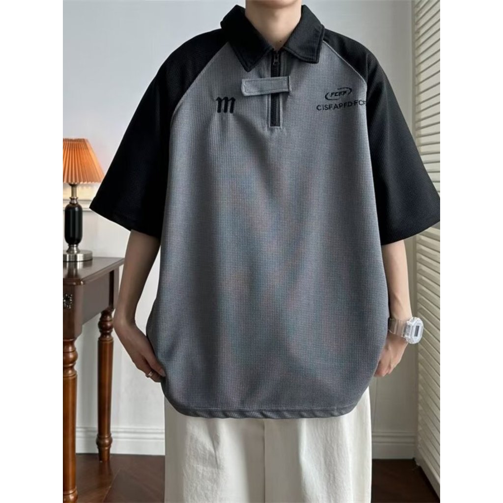 Verão Waffle meio zíper de manga curta menino estilo Hong Kong novo estilo Design nicho cor combinando estudante meia ma