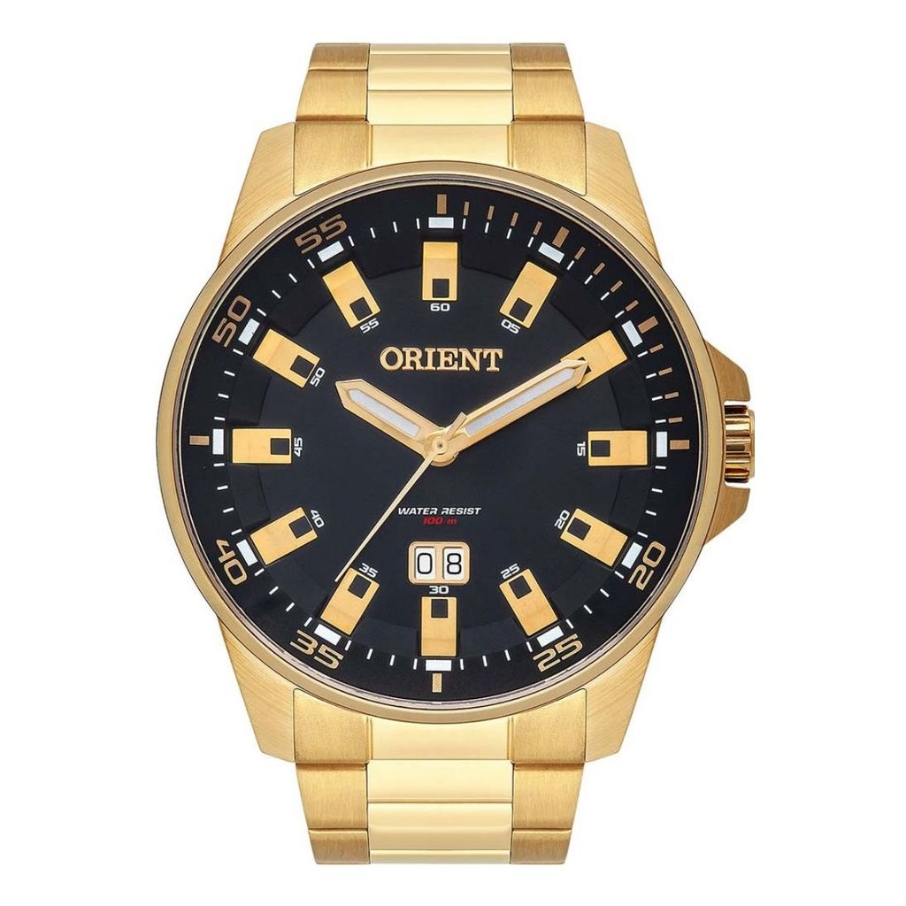Relógio Orient Masculino Dourado Fundo Preto Aço Inox Analógico Calendário Original MGSS1218P1KX