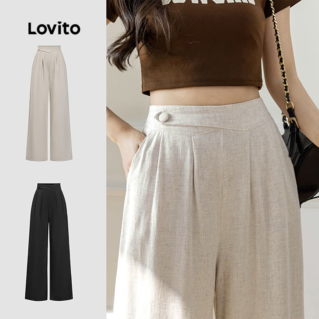Lovito Cintura Alta Elegante Calça Vintage Lisa Assimétrica Verão/Primavera Para