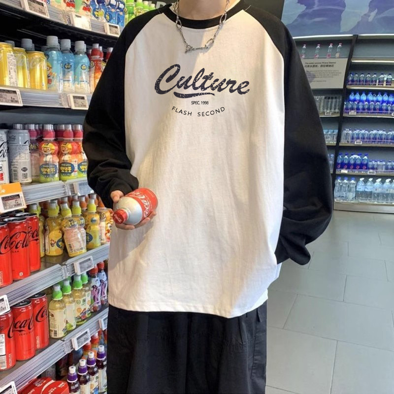 Contraste cor letras estilo americano primavera outono interior de manga comprida masculino Street Wear Casual solto Rag