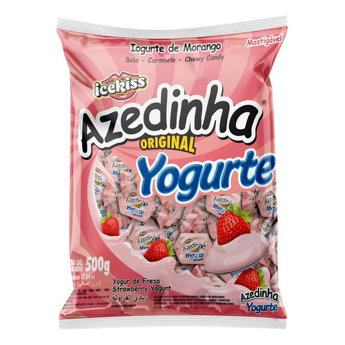 Pacote Bala Mastigável Azedinha Sabor Iogurte De Morango - 500g Doce