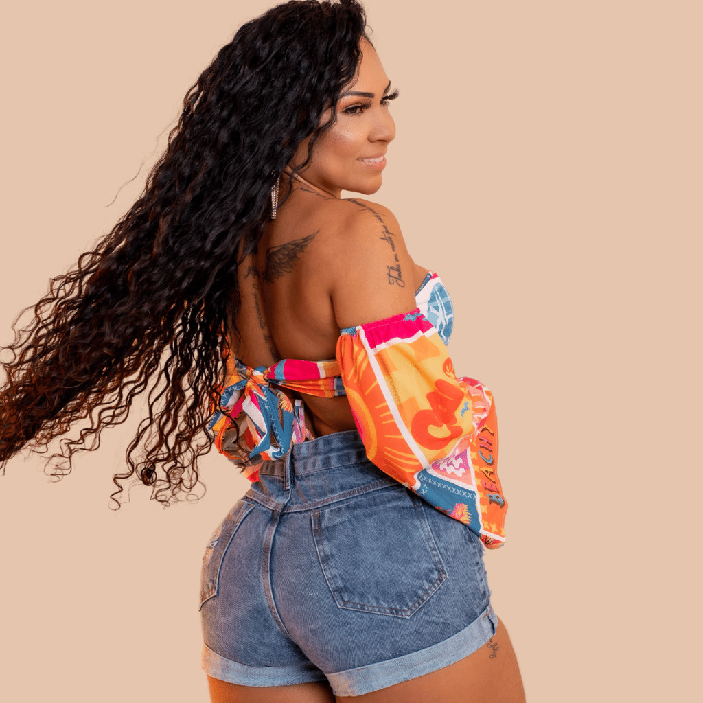 Detalhes do Short Jeans Feminino Cintura Alta Cós Alto Jeans Marmorizado # modelador confortável # CONFORTIK