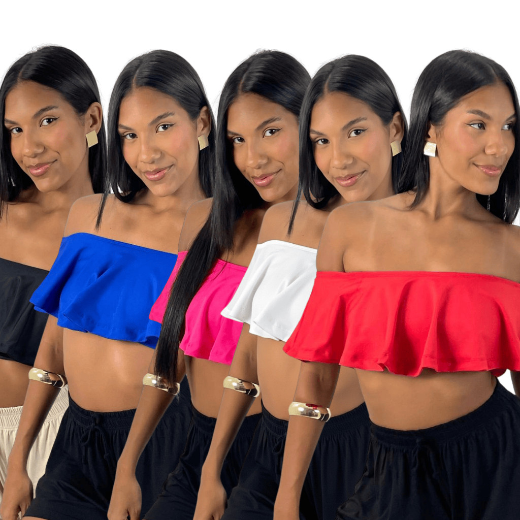 KIT 5: Cropped Feminino Ciganinha Babado Ombro a Ombro em Suplex Premium com Top por Baixo