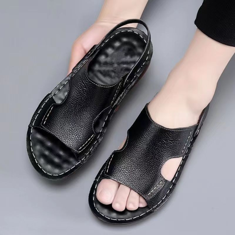 F Primeira Camada de Couro Sandálias Casuais Sapatos de Praia Couro Genuíno Sola de Tendão de Carne Antiderrapante Sandá