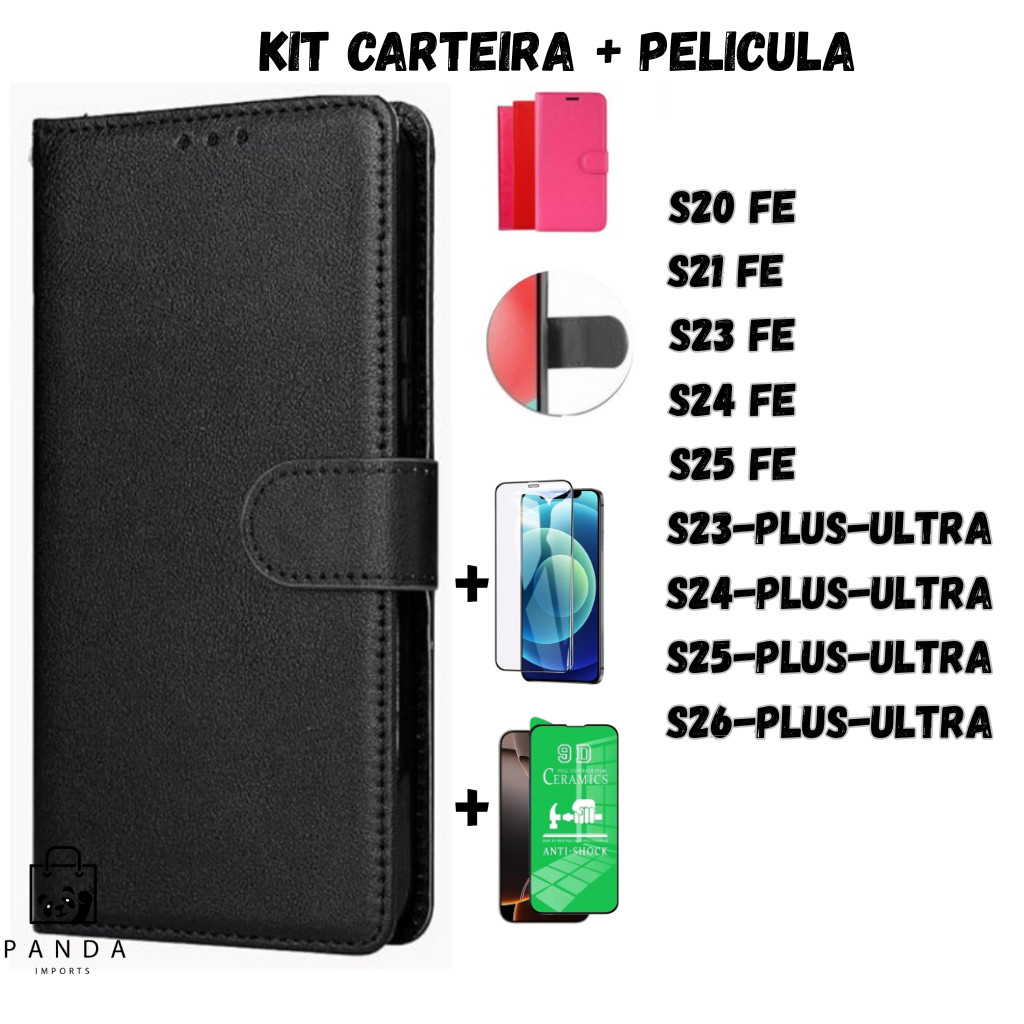 Capa Capinha Carteira Flip Cover + Pelicula 3D Vidro Temperado Para Samsung Galaxy S20 Fe/S21/S23/S24/S25/S26 Plus Ultra