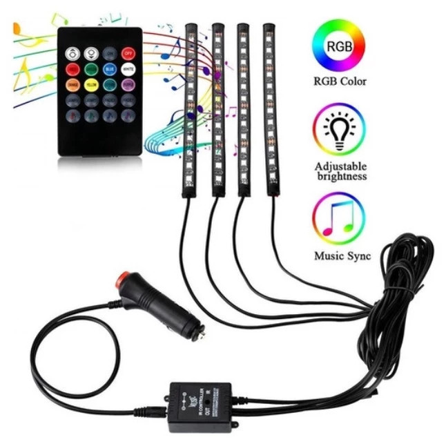 Luz LED Neon RGB 12v Tuning Automotivo Carro 48LED Multicores Interno Controle Sensor Som Rítmica