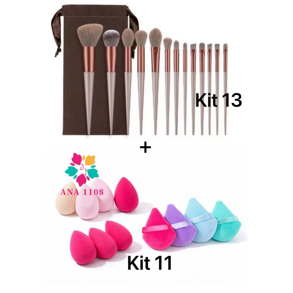 sufur ANA 1108 Conjunto 13 Pincéis De Maquiagem+11 unidades Esponja Triangular Para Pó De Veludo Maquiagem