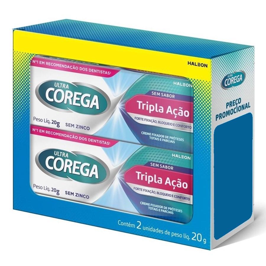 Kit Creme Fixador De Próteses Ultra Corega Tripla Ação Sem Sabor Com 2 Unidades De 20g Cada