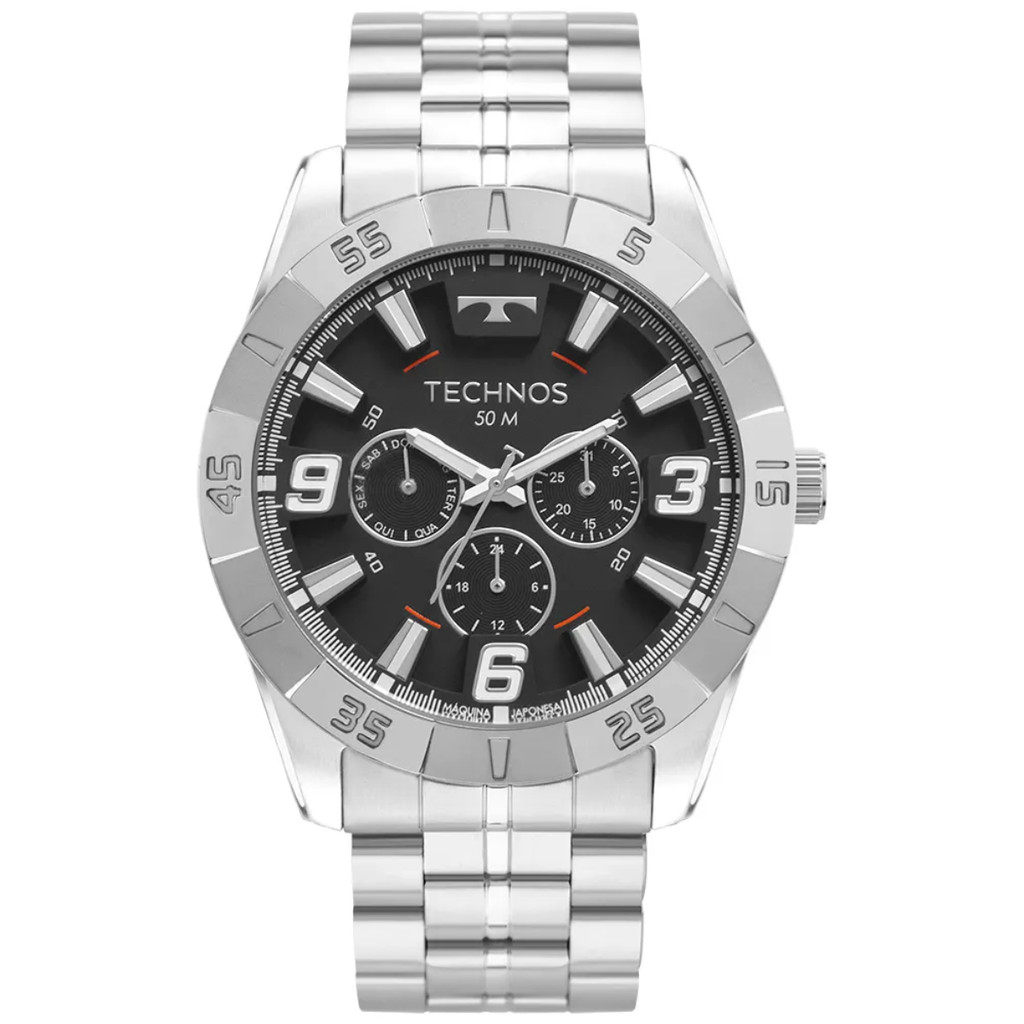 Relógio Masculino Technos Racer Prata Aço Mostrador Preto 6P29ALB/1P