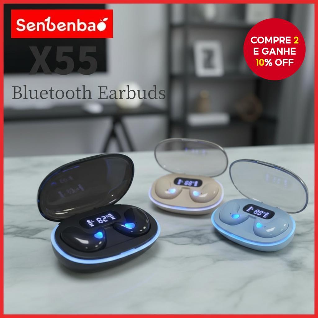  Senbenbao X55 Fones de Ouvido Bluetooth TWS Sem Fio para Dormir com Display Led HIFI Estéreo à Prova d'Água com