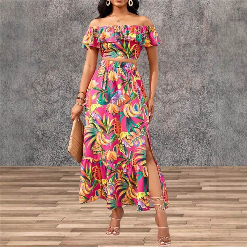 Conjunto Feminino Elegante Saia de Um Ombro Estampa Floral Saia Longa Curta
