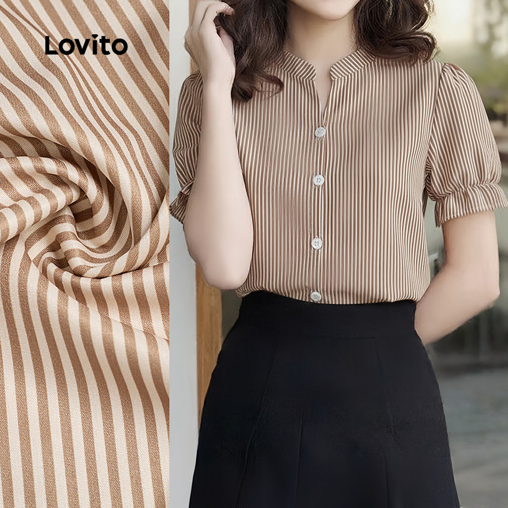 Lovito Blusa Casual Clássica E Versátil Com Botões Frontais E Babados Primavera/verão Na Cor Marrom Mulheres L164ED1049 em Oferta na Shopee