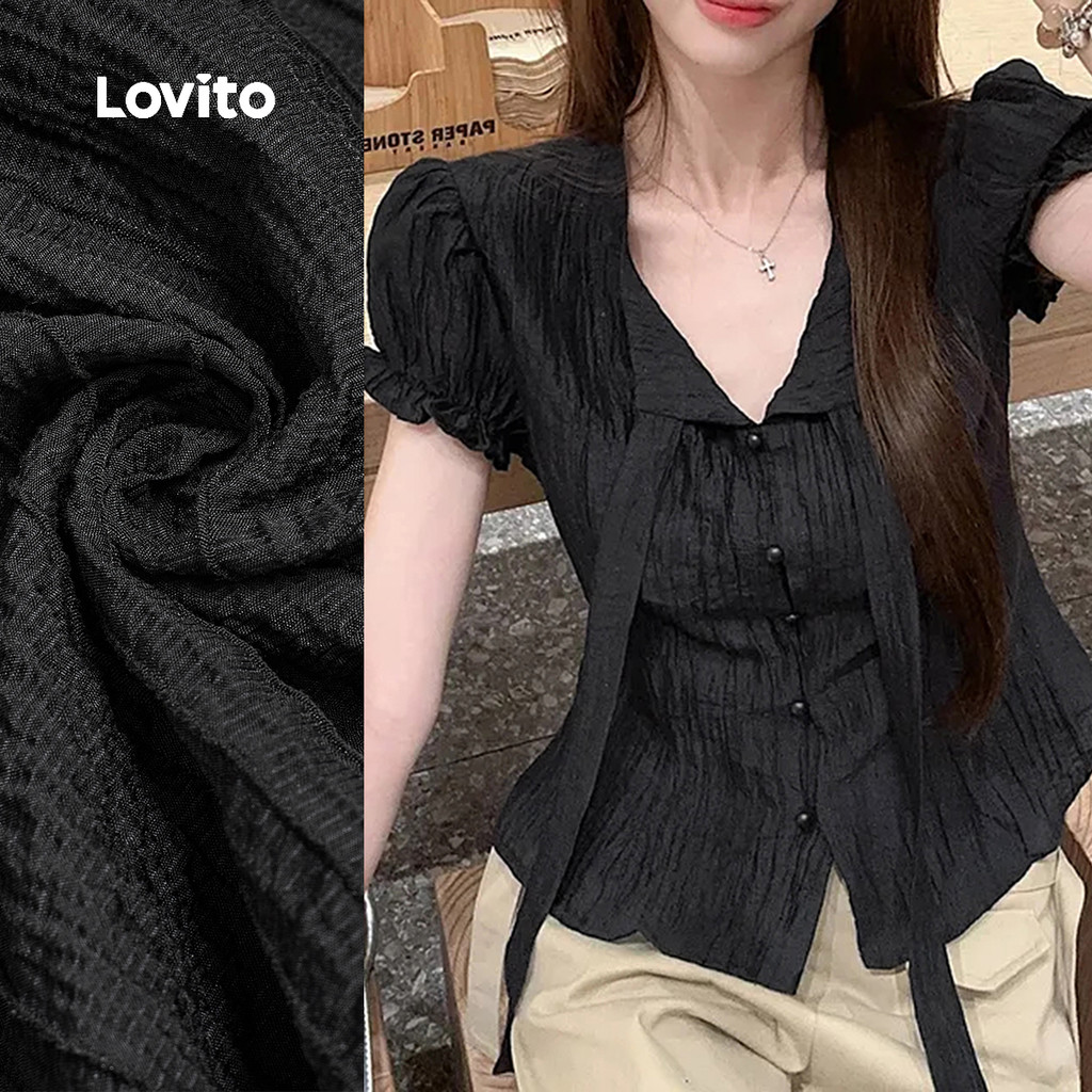 Lovito Blusa Casual com Laço No Pescoço Botões Primavera/verão Blusa Preta para mulher L154LD116 em Oferta na Shopee