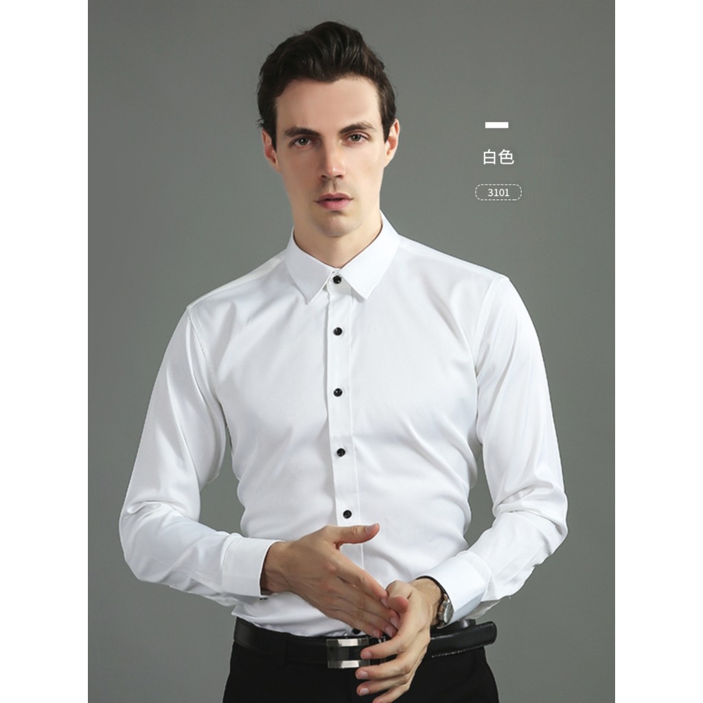 Primavera negócios Casual camisa branca masculina de manga comprida moda botão preto cor sólida camisa branca masculina 