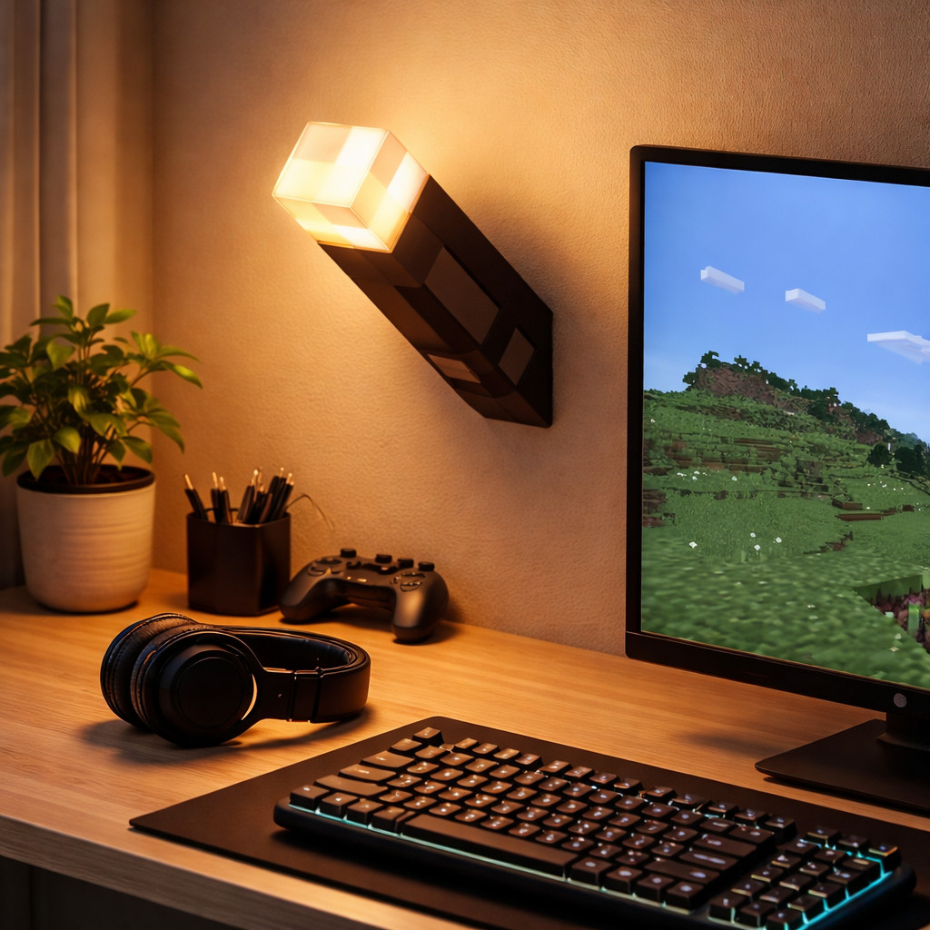 Luz Noturna Tocha Minecraft LED Recarregável 500mAh 3 Modos Iluminação Ambiente Parede Gamer TOCHA-MC01
