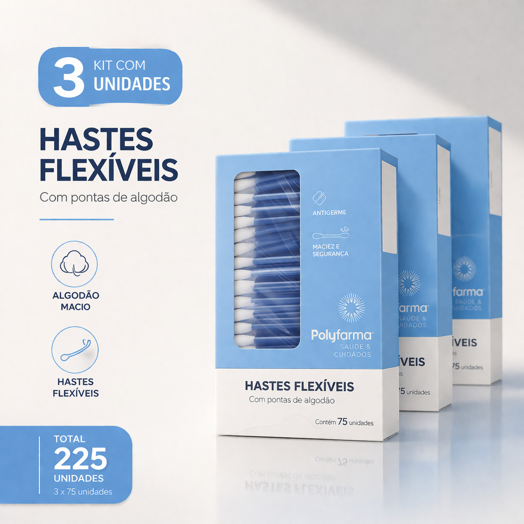 Kit 3 Hastes Flexíveis 75 Unidades Cotonete Algodão Macio Antigerme Higiene Diária 225 Unidades