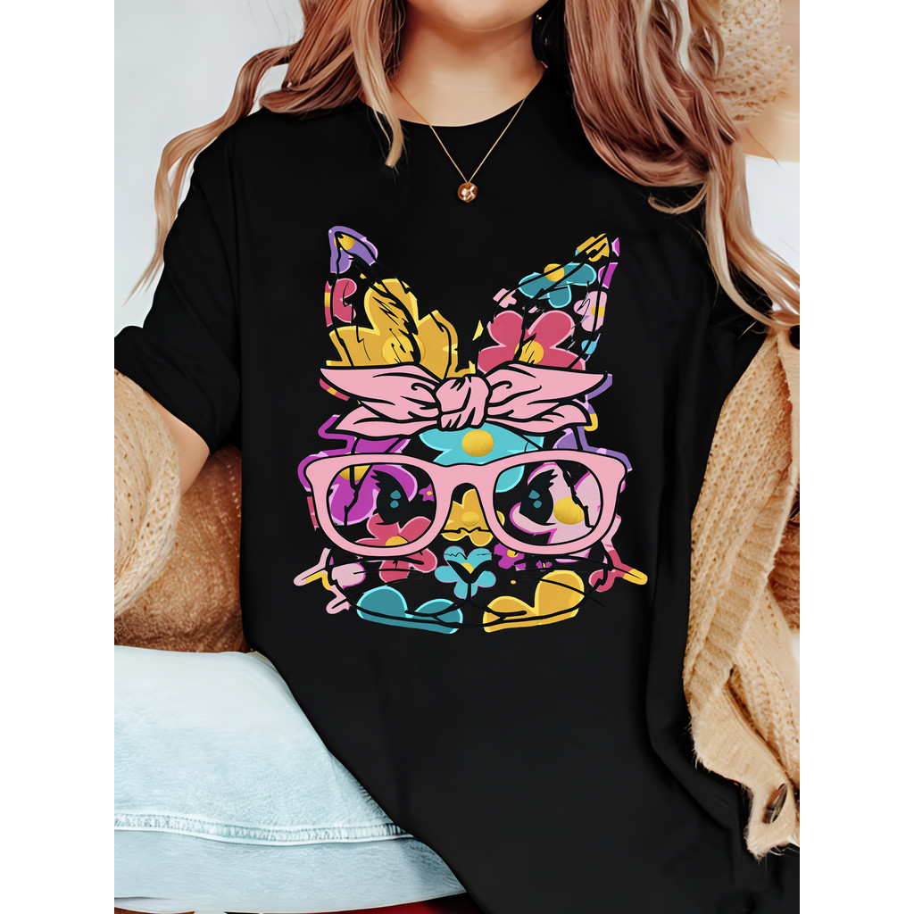 Camiseta Unissex Oversized Plus Size Feminina Masculina para Crianças  Carimbo de Coelho Colorido, Óculos e Papo-de-Anjo