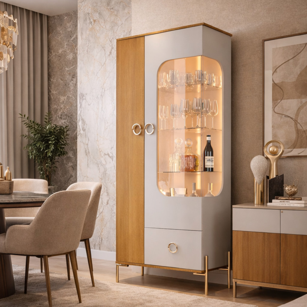 Cristaleira Unique Porta Taças 72cm Espelho Vidro LED Embutido Sala De Jantar Porta Vinhos