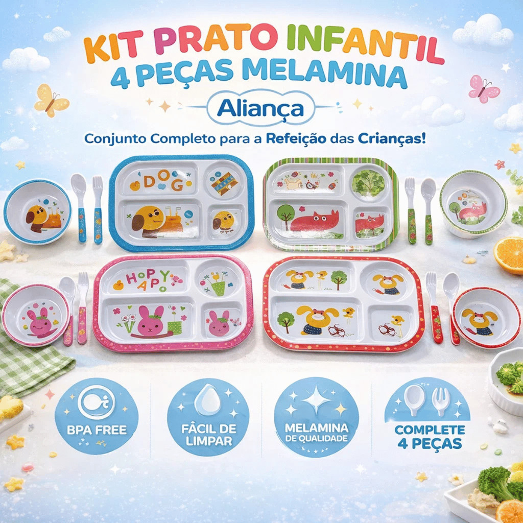 Kit Prato Infantil 4 Peças Melamina - Aliança / Crianca Bebe Alimentacao Refeicao Escola