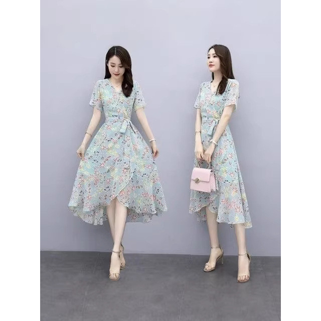 Vestido longo floral vestido feminino coreano verão floral com decote em V vestido feminino 2026 francês simples comprim