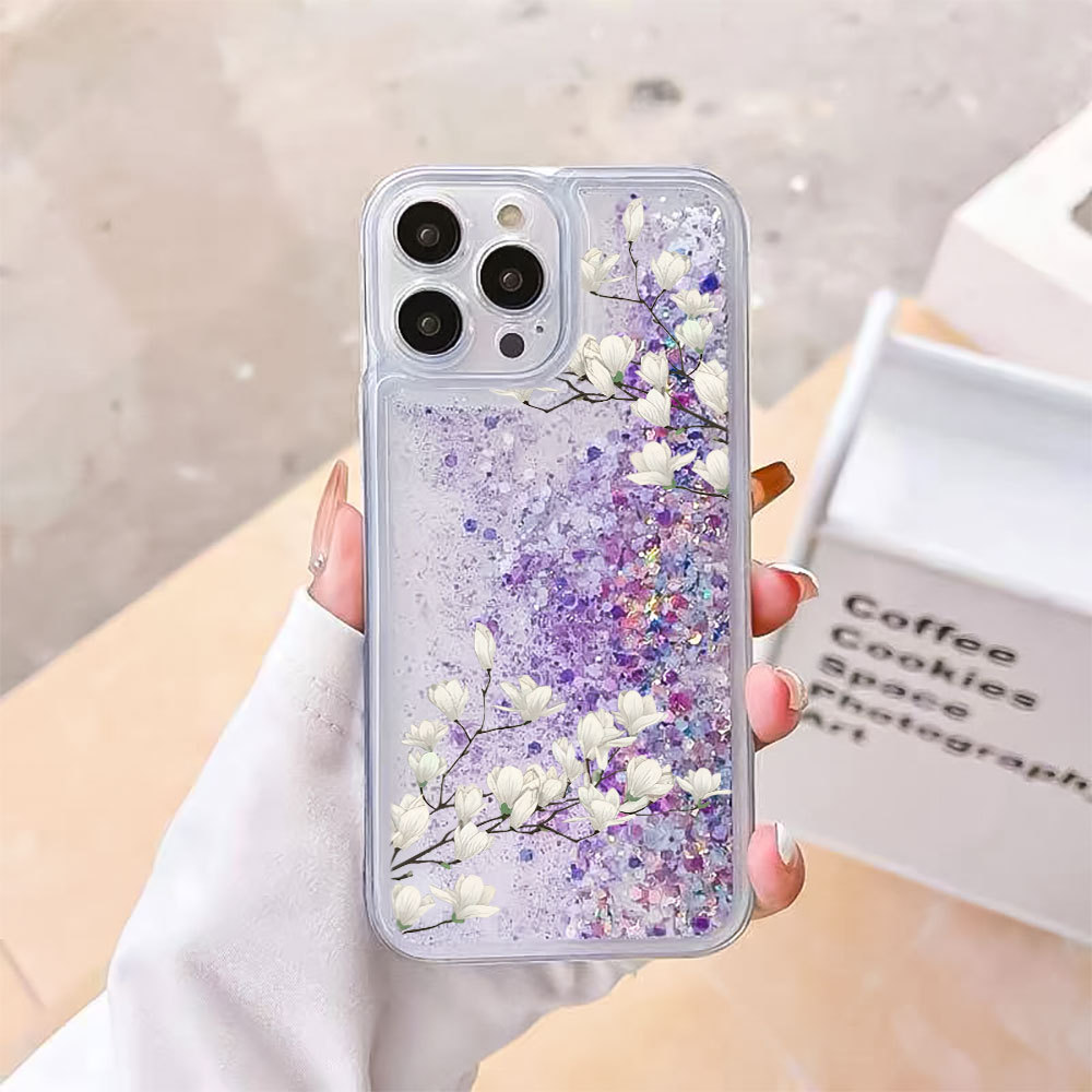 Flor Branca Capinha Líquido Glitter Lantejoulas Capa Para iPhone XR XS 11 12 13 14 Plus 15 16 17 Air Pro Max Anti-fall