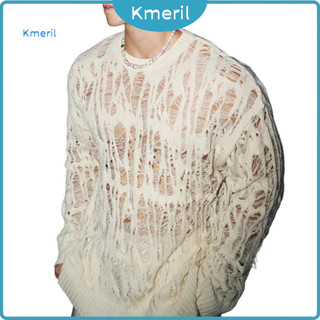 Trendy Short-sleeve Top Solid Color Men's Retro Hollow-out Mesh Knit Long Sleeve T-shirt Crew Neck Casual Streetwear for
