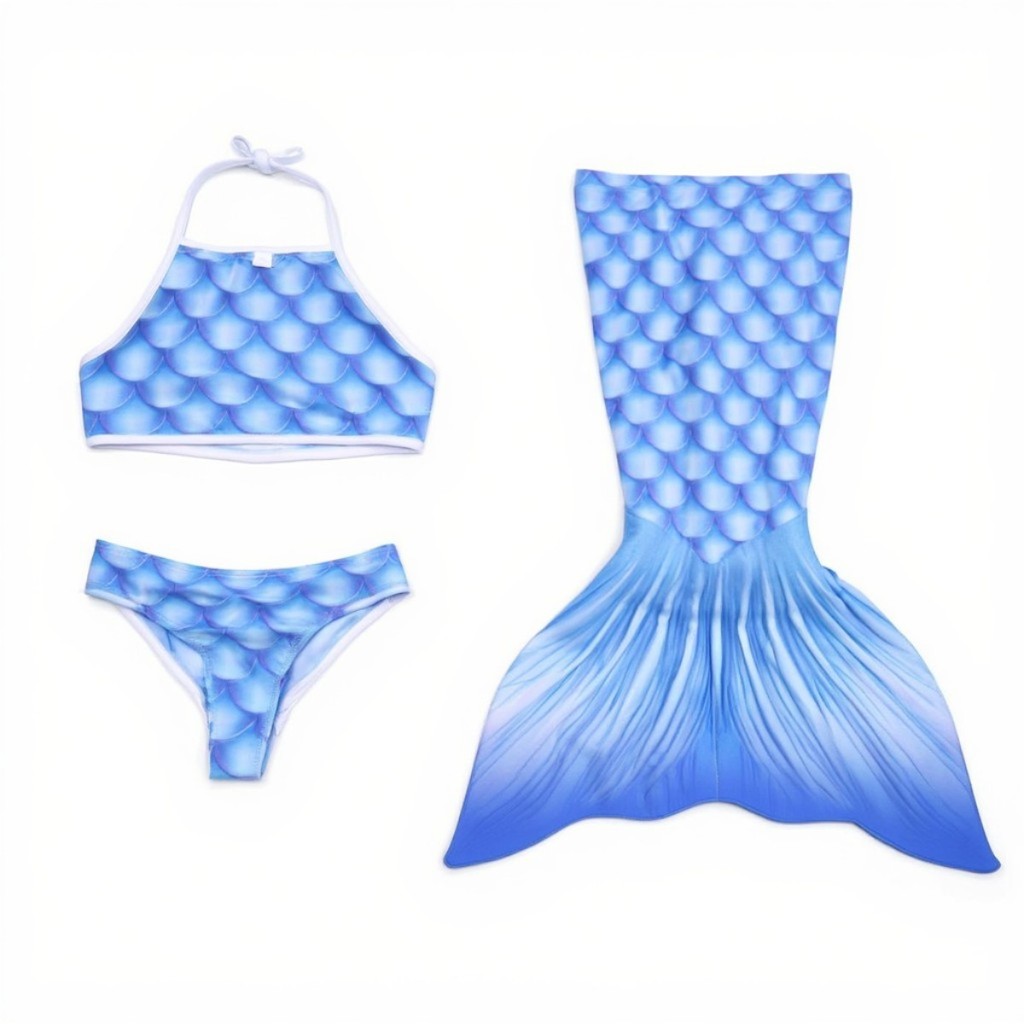 Fantasia Sereia + Biquini Infantil Cauda Escamas Coloridas Roupa Leve Divertida Praia Piscina Menina Confortável