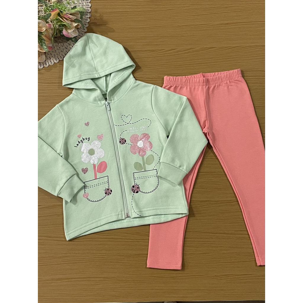 Conjunto Infantil Menina Brandili Inverno com Calça Legging e Jaqueta Flanelada Verde Florzinha