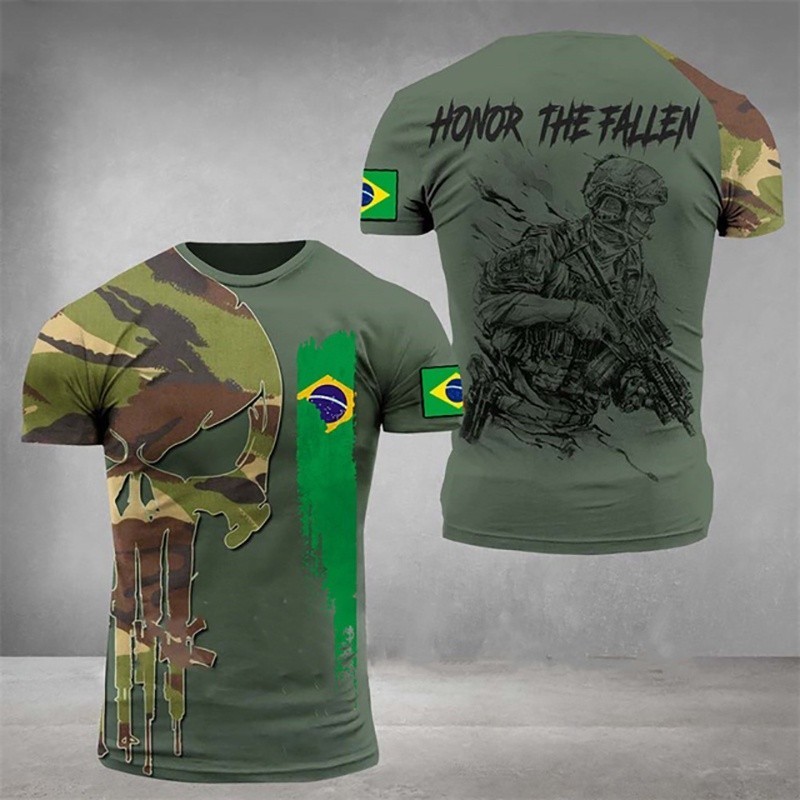 Camiseta Camuflada 3D Tática Do Exército Brasileiro Masculino Manga Curta , Estampa 3D Retrô Legal Harajuku Ao Ar Livre