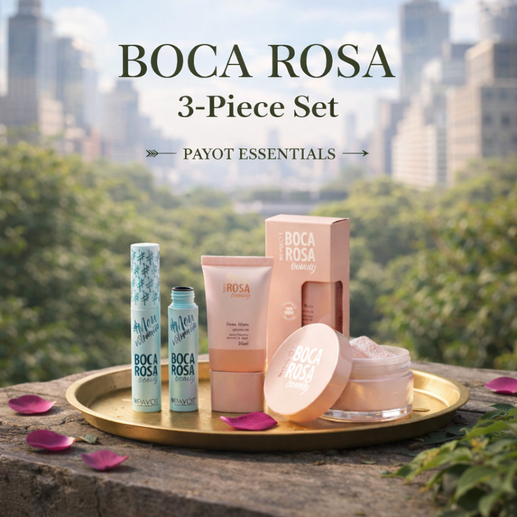 Kit 3 Peças Maquiagem Boca Rosa Beauty Payot – Base Alta Cobertura + Máscara + Pó Facial