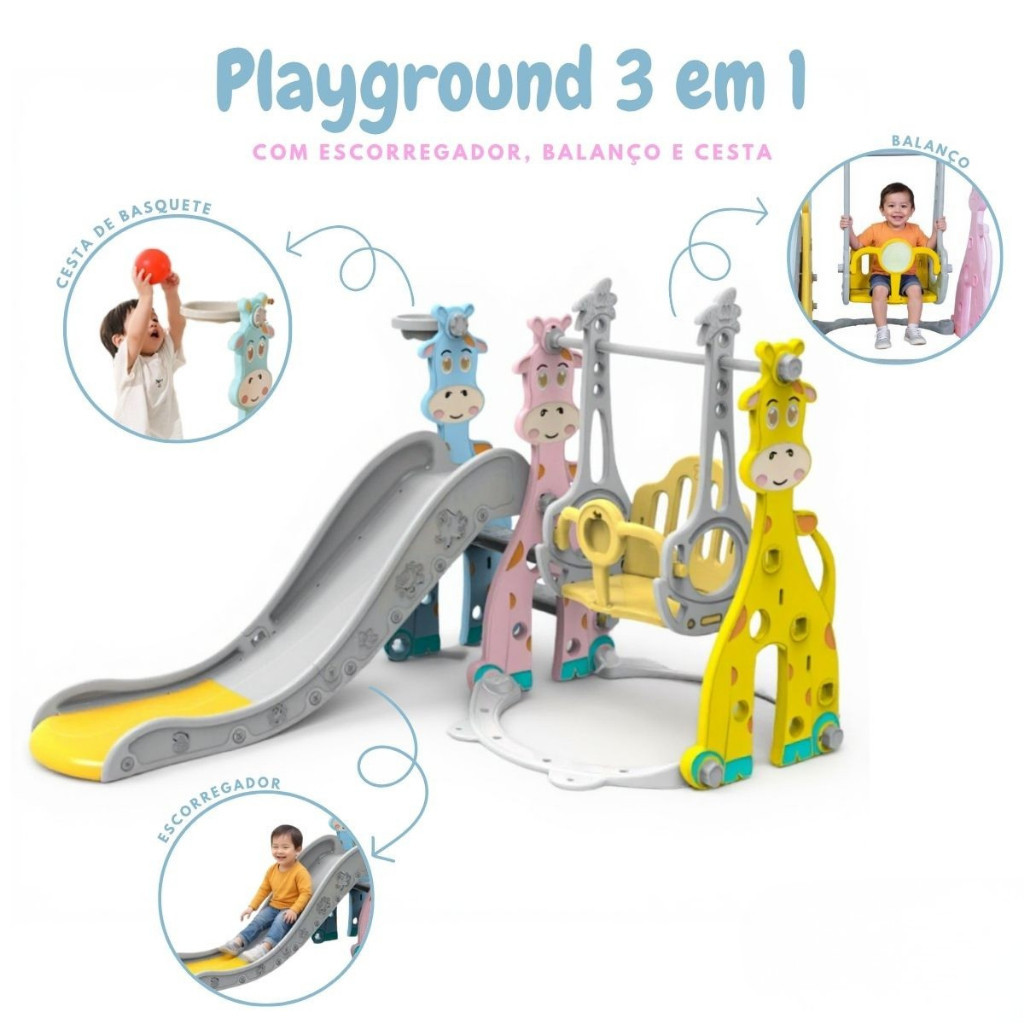 Brinquedos playground Completo Parquinho infantil 3X1 Playground com escorregador Balanço e Cesta