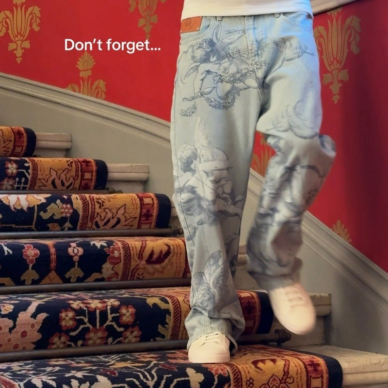 Cupido Anjo Seta Digital Impresso Calças Retas Y2K Retro Lavado Americano Rua Moda Casual Jeans Soltos em Oferta na Shopee