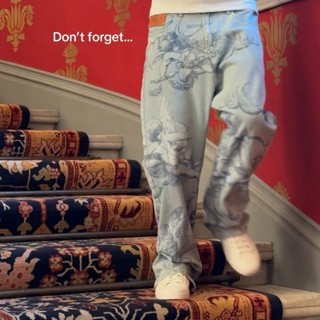 Cupido Anjo Seta Digital Impresso Calças Retas Y2K Retro Lavado Americano Rua Moda Casual Jeans Soltos em Oferta na Shopee