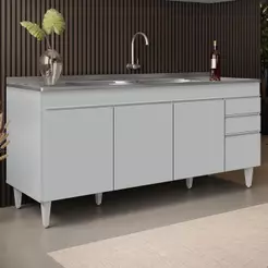 Balcão de Cozinha com Pia Inox 180cm 4 Portas Dallas Cinza Claro - Lumil