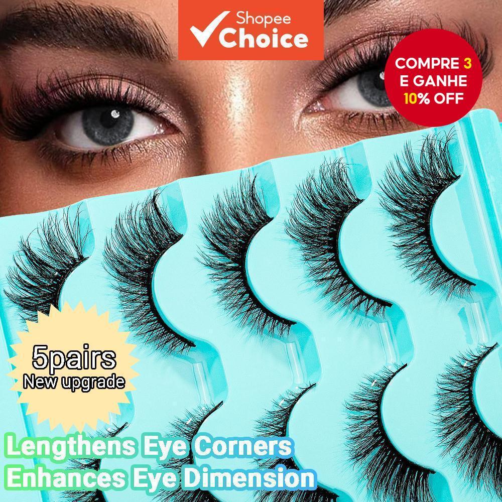 Olho de Gato Raposa Cílios Postiços - 5 Pares de Mink Sintético, Volume Natural e Fofo, Ponta Macia e Longa, Perfeito em Oferta na Shopee